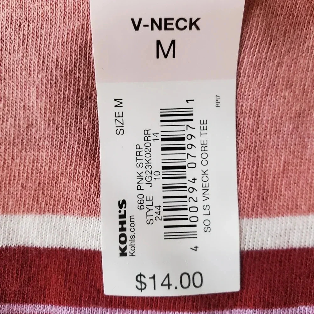 SO | Essential V-Neck Long Sleeve T-Shirt in Pink Stripe sz Various